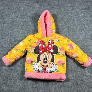 Disney Puffer Jacket Girls 3T Yellow Minnie Mouse Reversible Full Zip Hooded